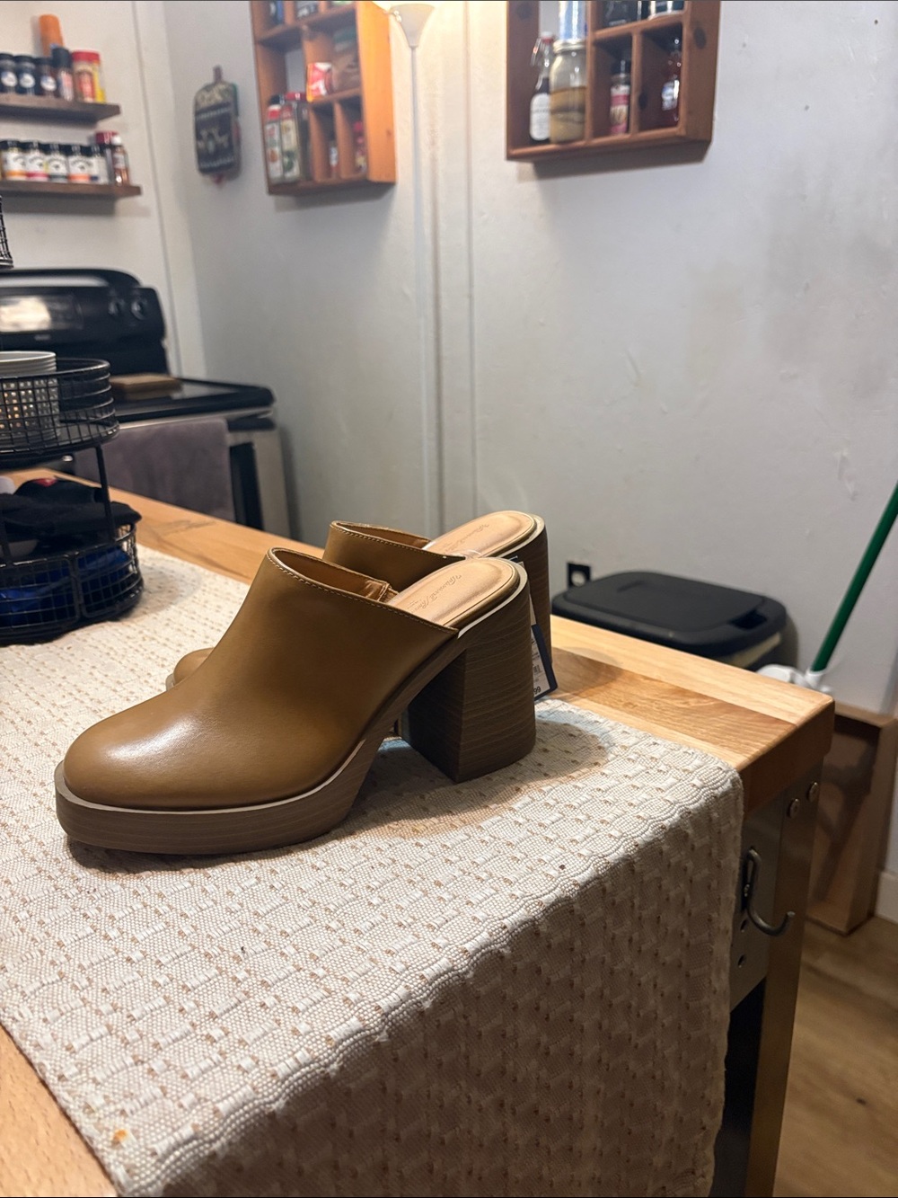 Women's Tan Block Heel Mule - Stylish Slip-On Dress Shoe
